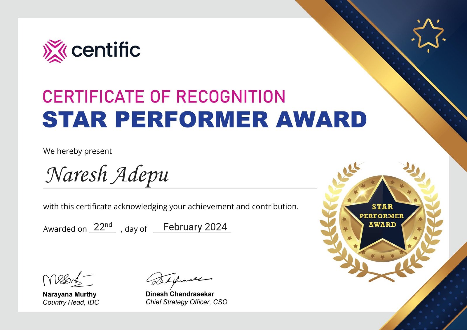 Star Performer Award - Centific Feb 2024